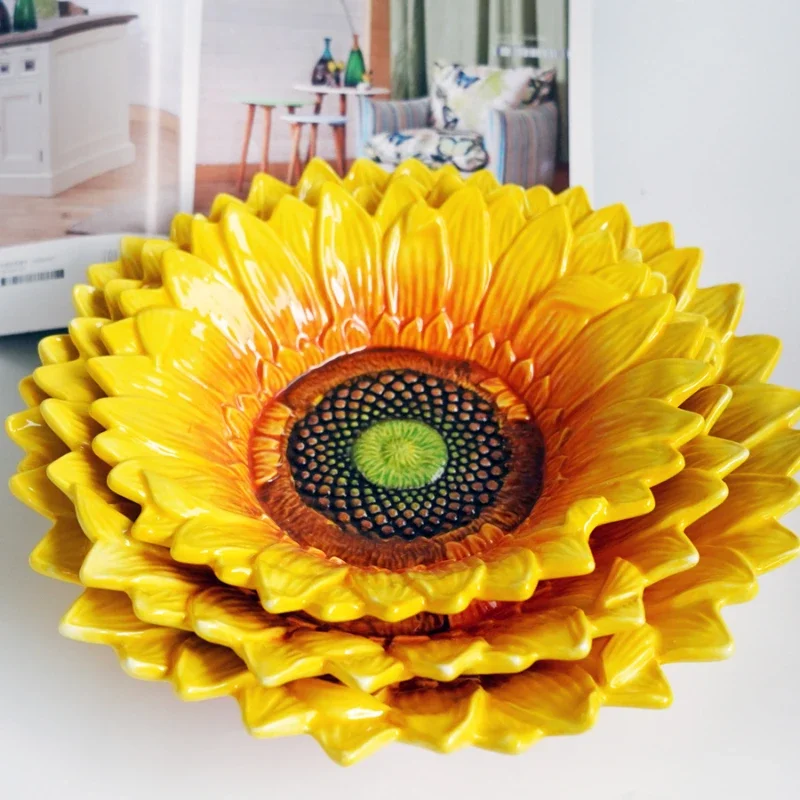 American Garden Sunflower Ceramic bowl Fruit salad bowl snack Dessert plate Hand painted underglaze home decoration plate