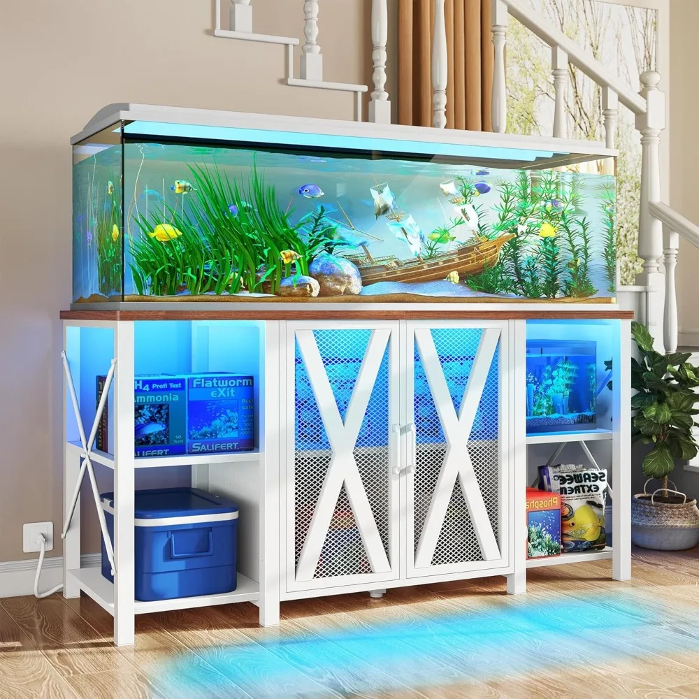 Fish Tanks Aquariums Aquarium Rack with Power Socket and LED Light, Accessory Storage Cabinet - Heavy-duty Metal Fish Tank Rack