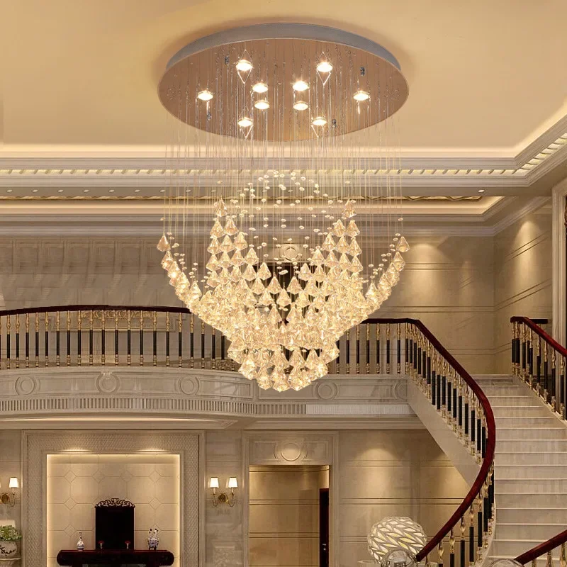 Large Crystal Chandelier Round Diamond Led Pendant Light Design For Living Room Lustre Hotel Home Decor Accessories Hanging Lamp