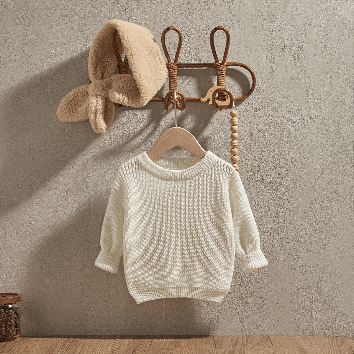 EWODOS Baby Thick Sweater Solid Color O-neck White Tops Loose Fit Long Sleeve Knitted Pullover for Infant Autumn Winter Clothing