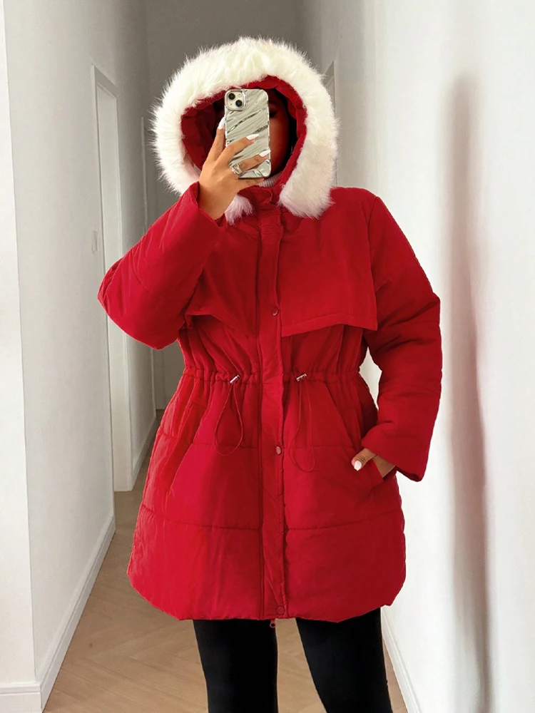 Casaco de inverno feminino tamanho grande vermelho fino cintura bolsos zip com capuz puffer casacos coreano popular roupas femininas jaquetas plus size topo