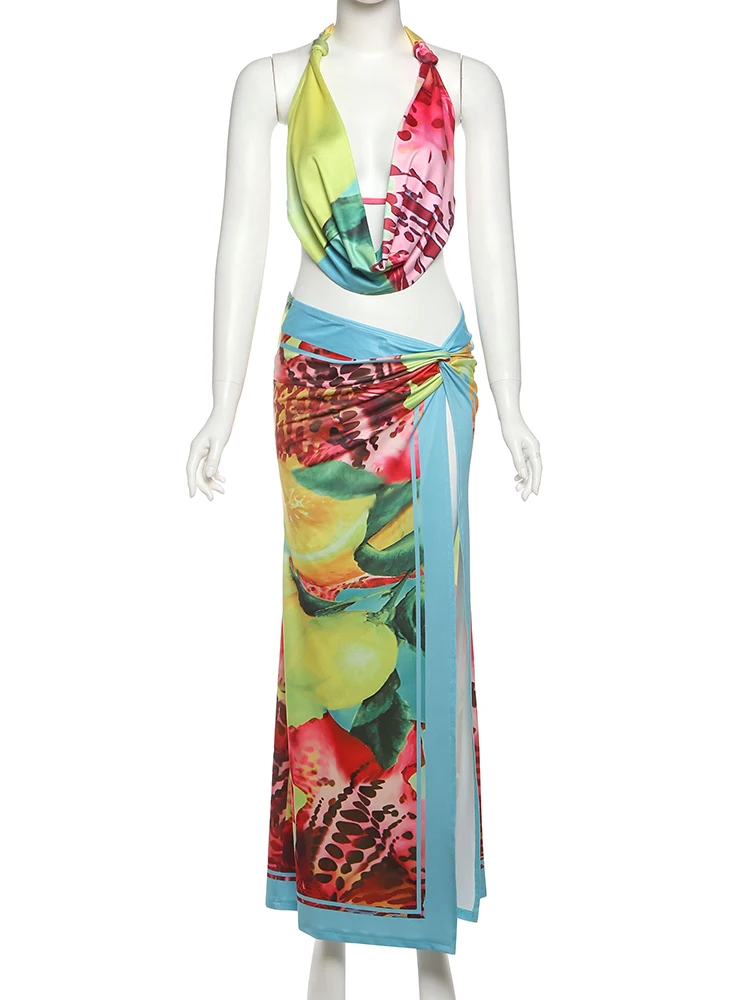 Weird Puss Colorful Y2K Beach Women 2 Piece Set Leopard Vacation Halter Tank Tops+Wrapped Maxi Skirts Matching Midnight Clubwear