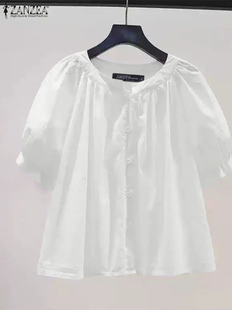 

ZANZEA Fashion Casual Tops Gathered O-Neck Solid Color Womens Shirts Button Up Commuting Summer Half Puff Sleeve Chemise Femme