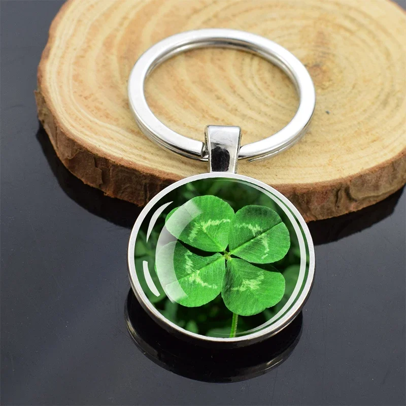 Shamrock Four-leaf Clover Keychains Glass Dome Double Sides Pendant Key Chain Lucky Jewelry Keyring Gift 100pcs