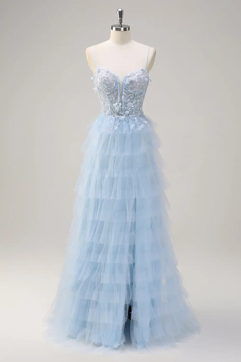 

Sky Blue Prom Dress Tulle Spaghetti Straps Sweetheart A-line Party Dress 3D Flowers Beading Tiered Pleats Evening GownCustomized