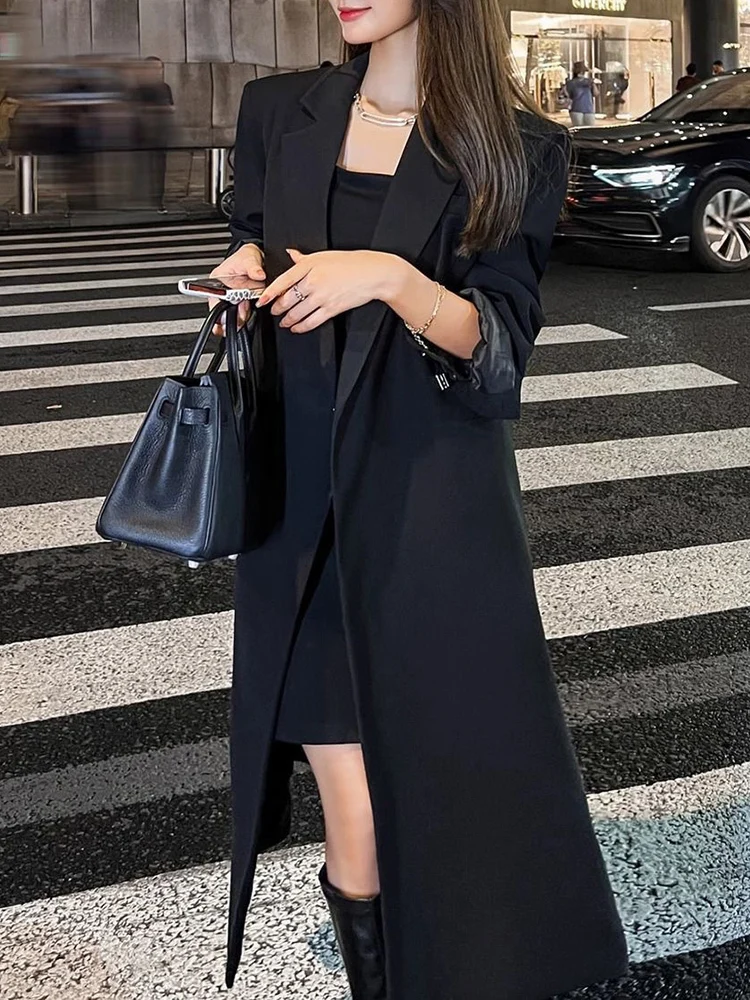 LANMREM Office Lady Long Blazer Women Notched Collar Solid Color Loose Fit Coat Fashion 2024 Female Autumn New Clothing 2VV137