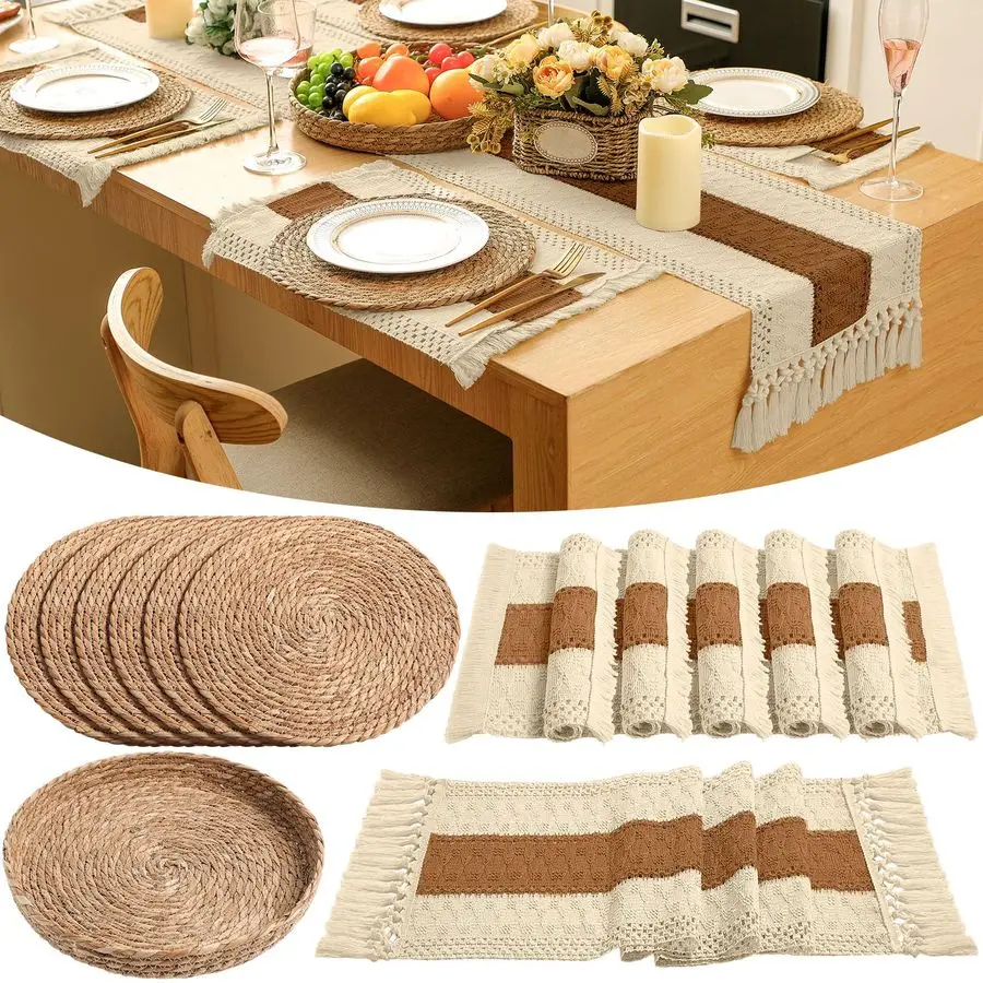 

Набор круглых плейсматов в стиле бохо, 4, 6, 8 штук, плетеные, в стиле макраме, с двухцветной строчкой, длинная скатерть для стола, в стиле фермерского дома, рустикальный, натуральный, бурый