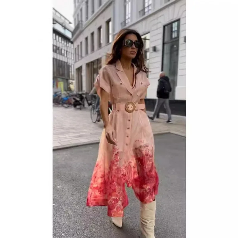 

2025 Hot Real Shot Seaside Vacation Style French Pink Blouse Collar Printing Dress