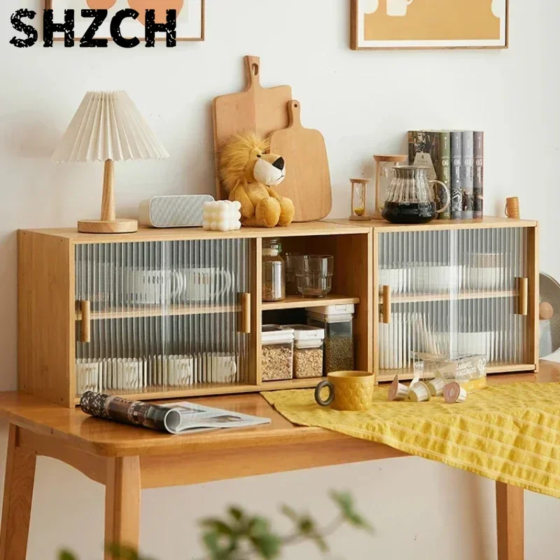 Bamboo Tea Cabinet for Living Room, Multifunctional Storage, Changhong Glass Shelves, Kitchen Organizer