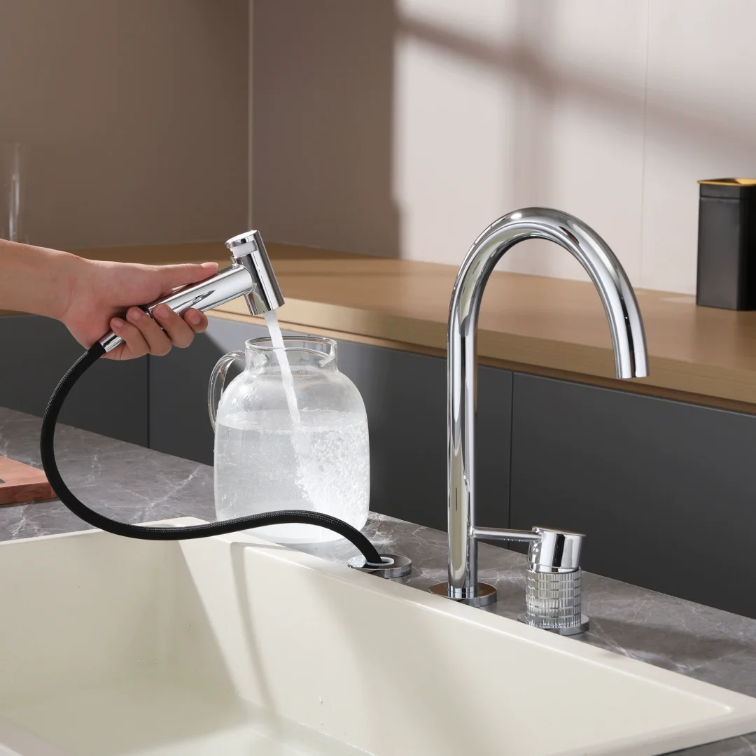 Brushed Gold Kitchen Faucet with Hand shower Head 3 Holes Pot Filler Faucet Tap Hot and Cold BrusheNickel Sink Faucet Tap Spout