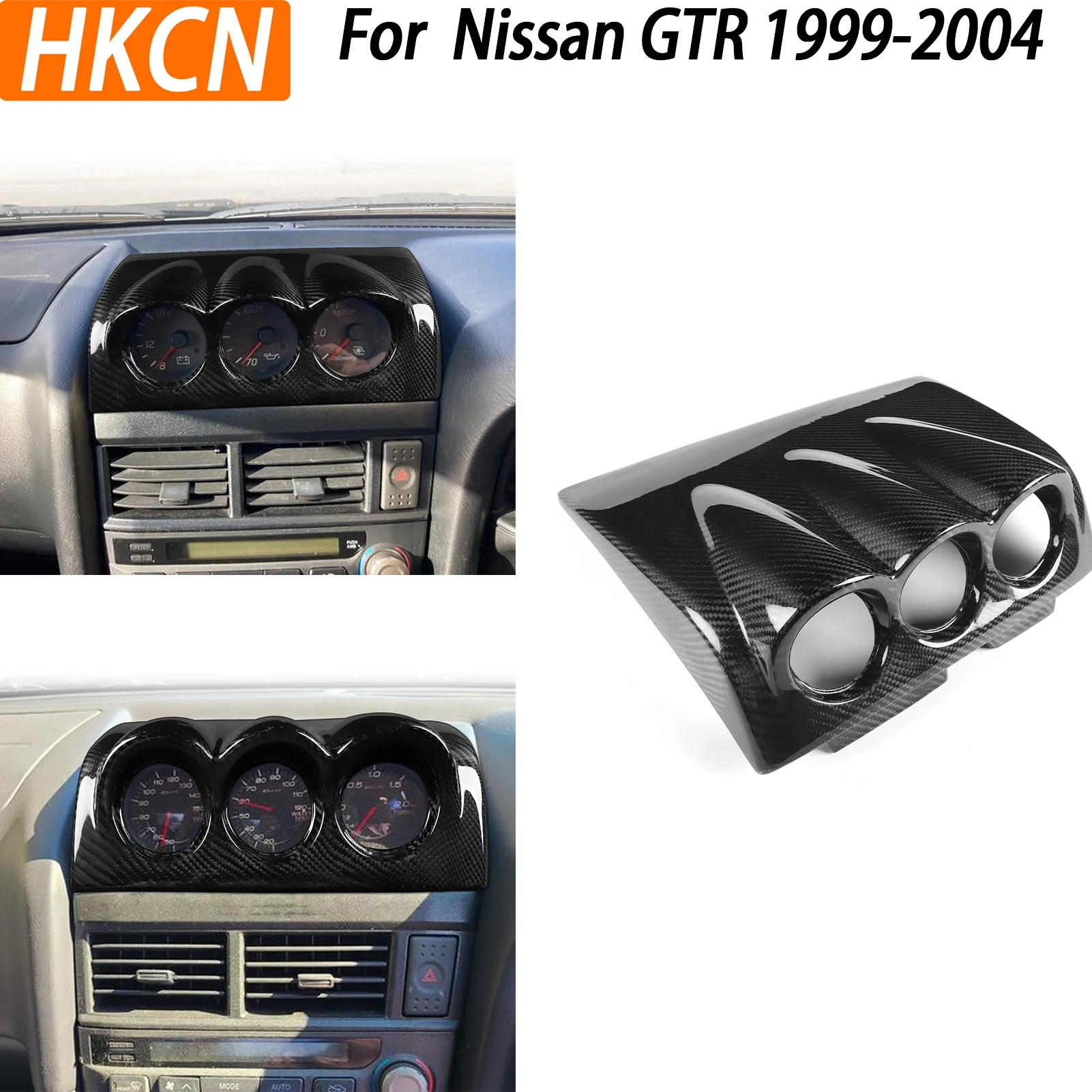 For Nissan GTR R34 1999-2004 Car Real Carbon Fiber Dial Dashboard Triple Pod Gauge Meter Cover Trim 52cm Decoration Modification