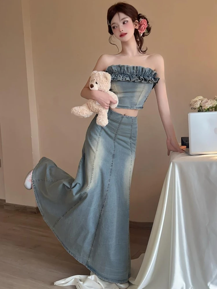 Abito da vacanza sexy retrò femminile dolce casual volant corto senza spalline gilet di jeans top camicetta gonna lunga set da 2 pezzi per le donne