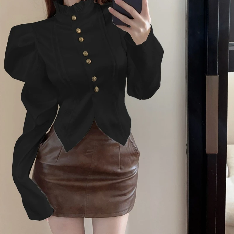 เสื้อเชิ้ตผู้หญิงดีไซน์ปกตั้ง ลดอายุ ดูมีสไตล์ แฟชั่นใหม่สำหรับฤดูใบไม้ร่วง ทรงเข้ารูป แขนยาวพองเล็กน้อย