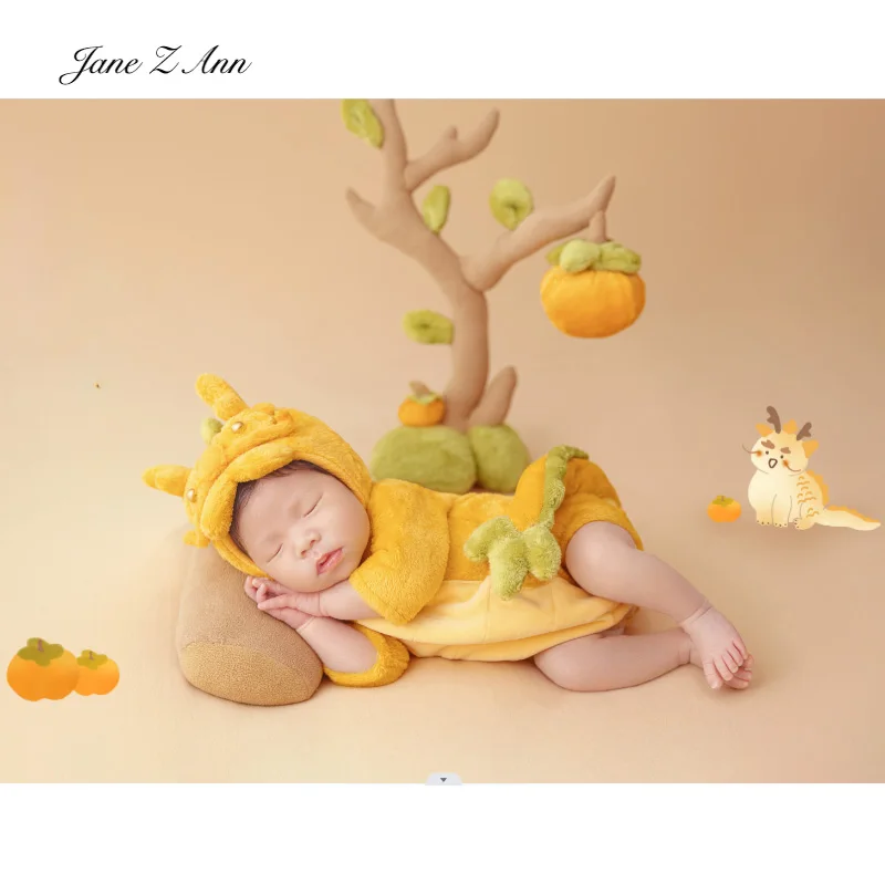 Baby Loong year costume yellow hat and jumpsuit creative studio shooting newborn baby photo props yellow green color