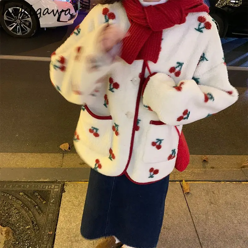 

Japanese Cute Jackets 2025 Women's Clothing Cherry Print O-neck Sweet Outwear Imitation Lamb Wool Coat for Women Chic Y2k Tops