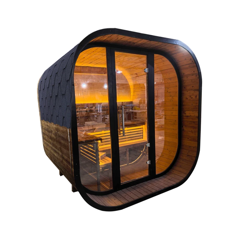 Outdoor SaunaHELIUS Hot Sale 4-6 Person Carbonized Spruce Cube Square Smart Outdoor Sauna Room With Stove For Outdoor Garden