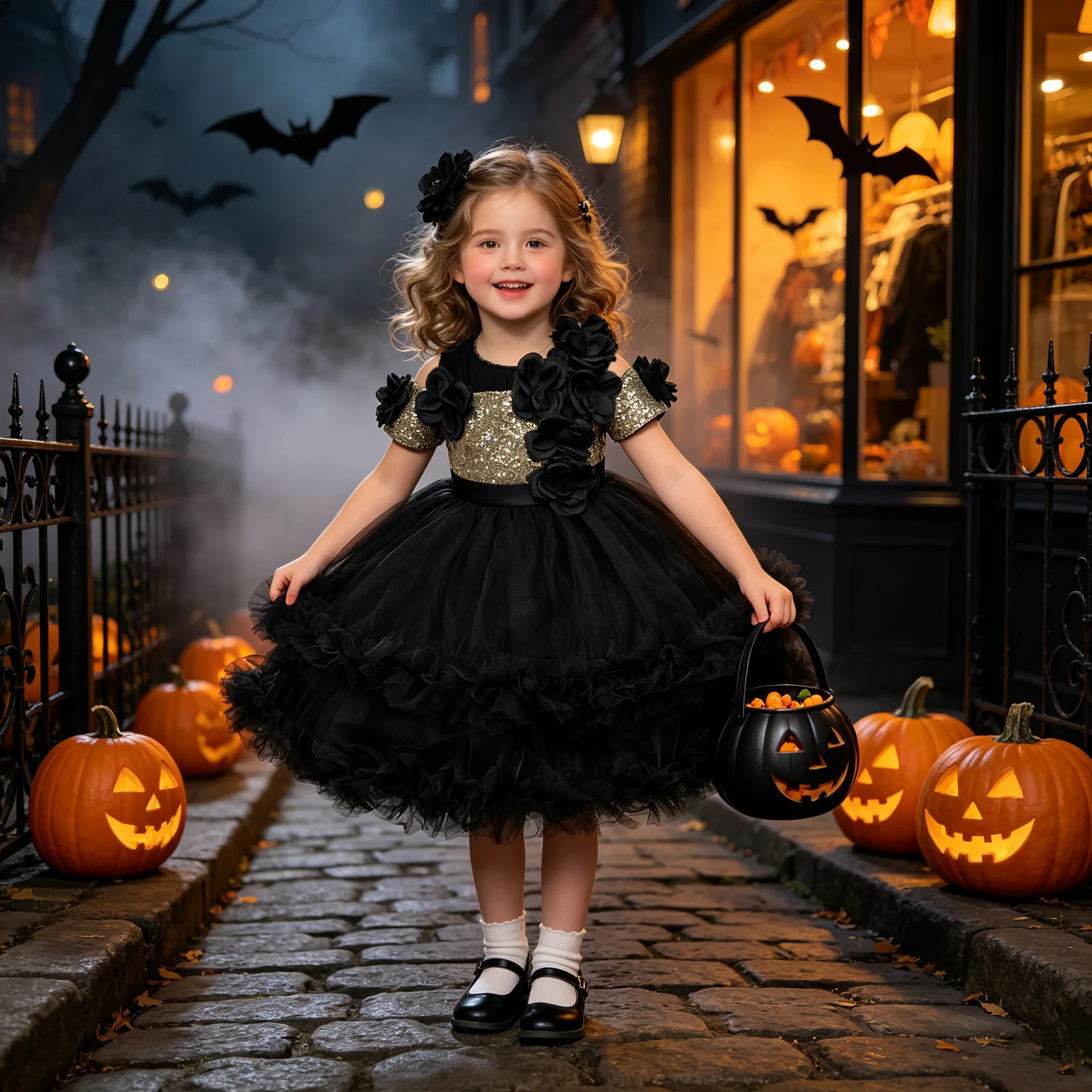 Girls Halloween Black Gold Princess Dress Sequin Top Tulle Skirt Cosplay Show Party Costume Pumpkin Trick Or Treat Outfit ASQ03