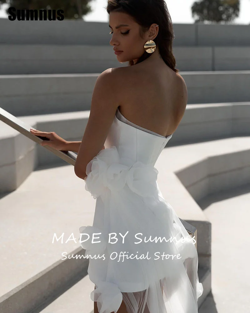 Sumnus Charming A-Line Wedding Dresses Satin Mini Short Sleeveless Flowers Bridal Gowns Sexy Strapless Bride Dress Customized