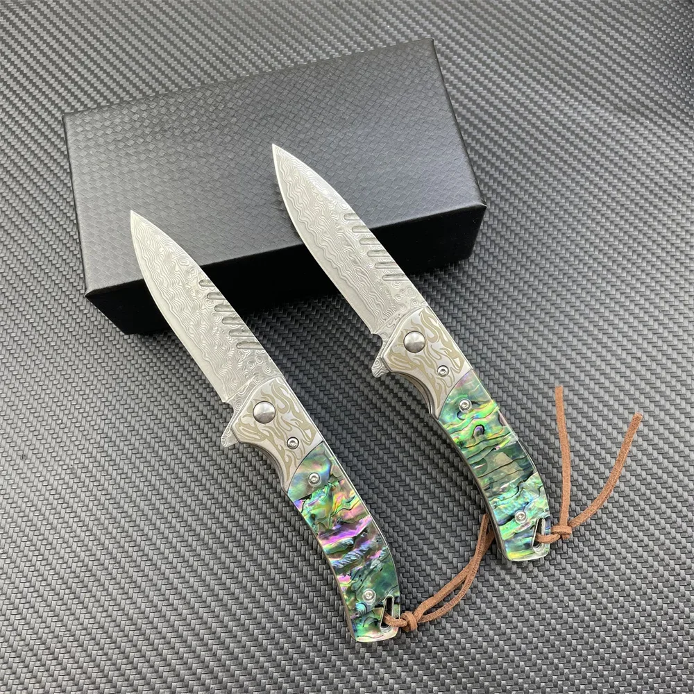 Damascus Engraved Abalone Folding Pocket Knife Sheath Outdoor Survival Camping Knives Hunting Tactical EDC Tool for Man's Gift