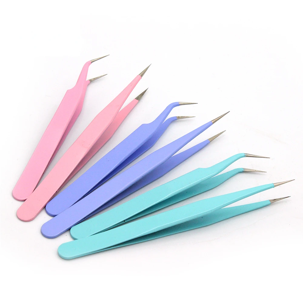 Colored Anti-Static Tweezers for Eyelash Extension Eyebrow Stainless Steel Set Beauty Precision Tweezers Makeup Kit Repair Tools