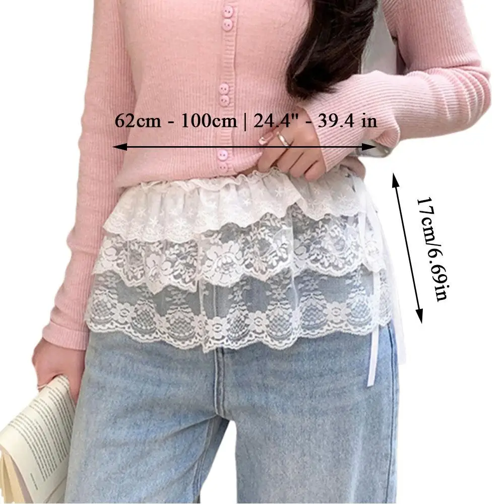 الدانتيل غير النظامية تنورة الستار الزهور البيضاء الدانتيل شبكة نصف الجسم تنورة المرأة الصيف قيعان الجينز ضرطة الستار الحلو Harajuku ديكور