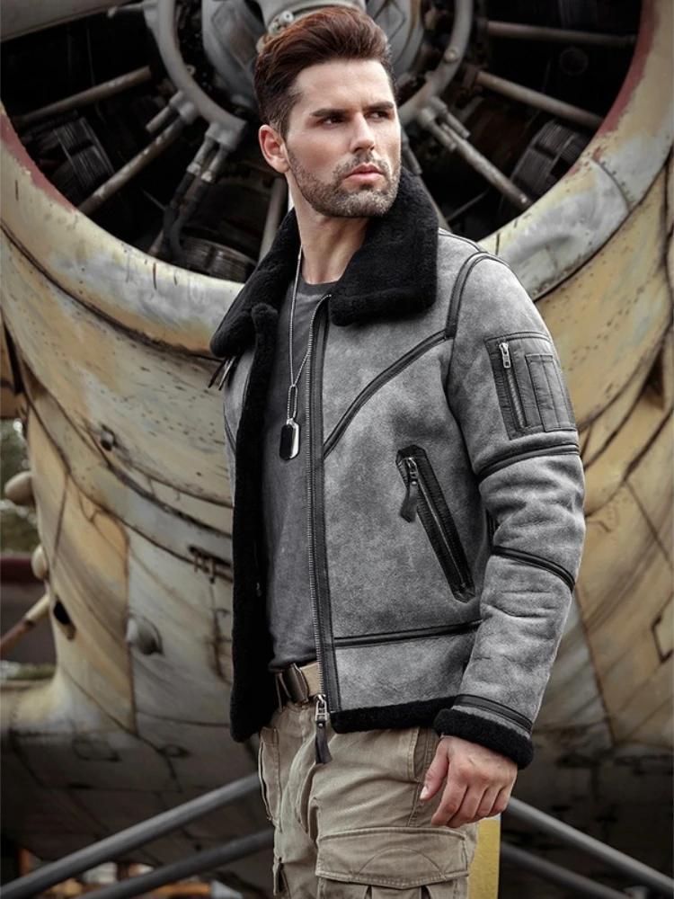 سترة شيرلينغ للرجال من جلد الغنم معطف شتوي من الفرو سترة جلدية B3 سترة طيران