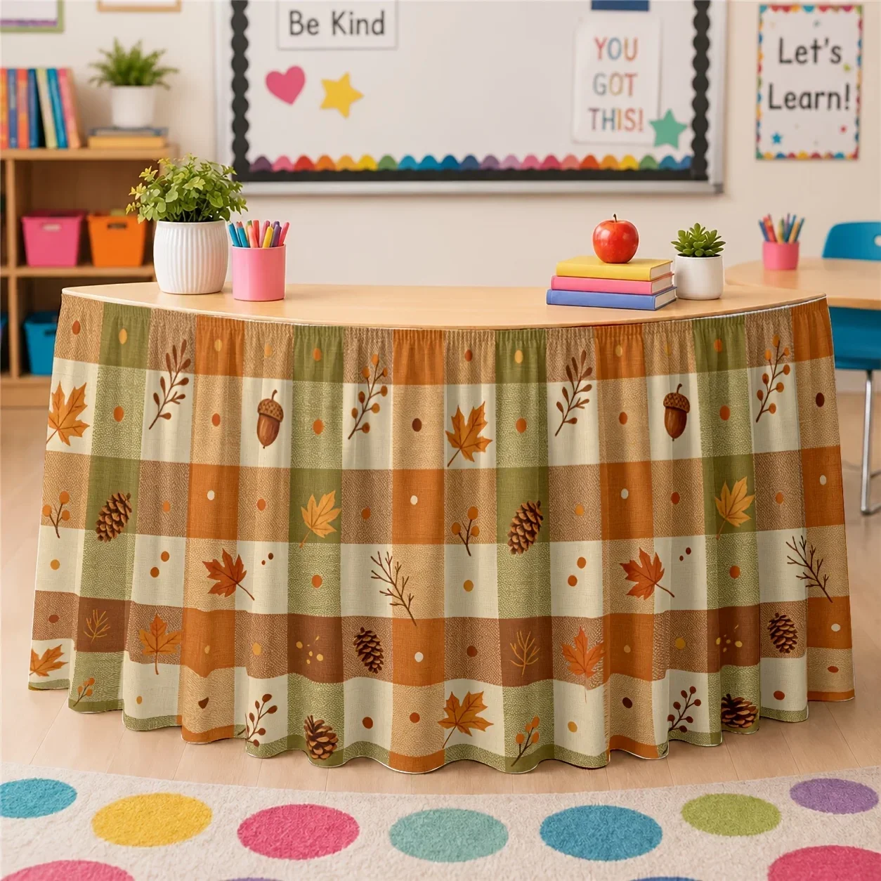 One-piece autumn harvest tablecloth, featuring maple leaf pattern, pinecone and acorn designs