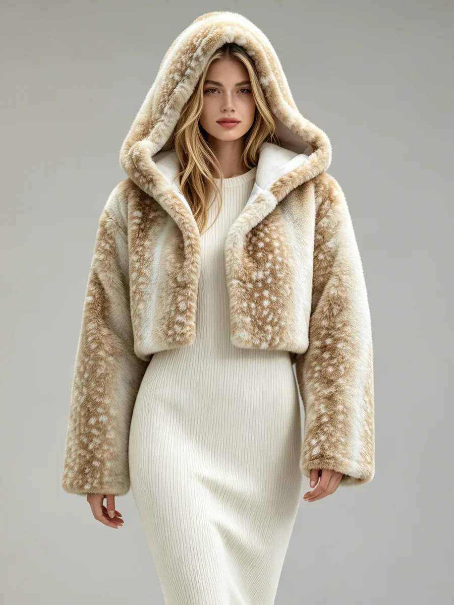LIMO Women Deer Print Hooded Faux Fur  Fluffy Plush Coat Winter Warm Casual Furry Outerwear
