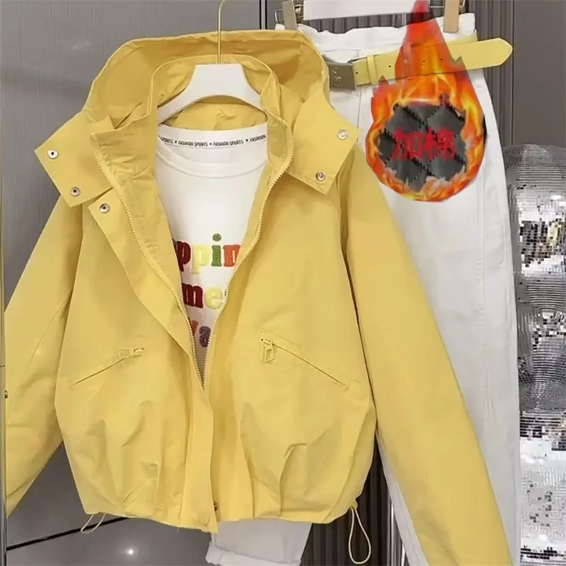 Spring Autumn Ladies Hooded Lined Jacket Korean Women Long Sleeves Zipper Loose Trench Outwear Female Fashion Casual Short Coat