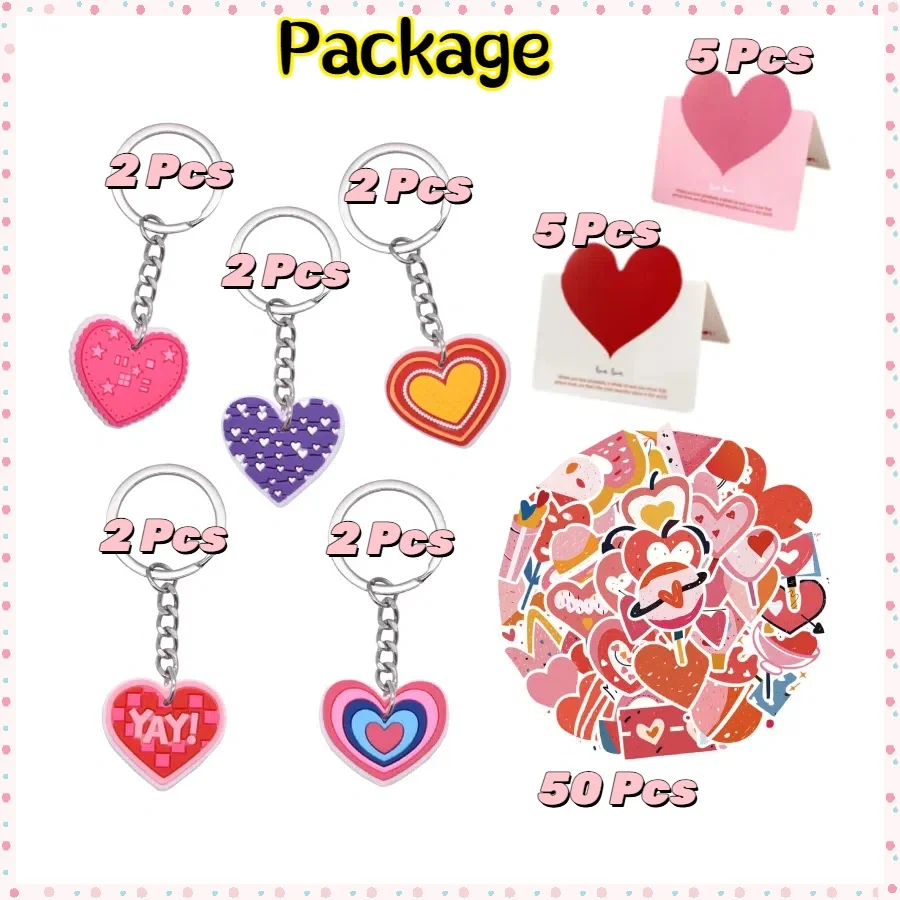 Valentine's Day Party Favors Set 50pcs Heart Stickers 10pcs Heart Keychains 10pcs Greeting Cards