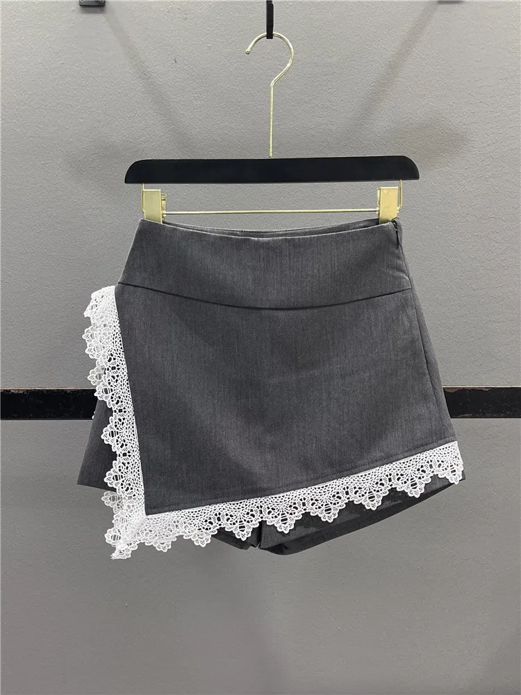 High Waist A-Line  Skirt with Lace Trim Suit Women's Anti-Aging Slimming Wide Leg Short Pants Skirt Casual Style