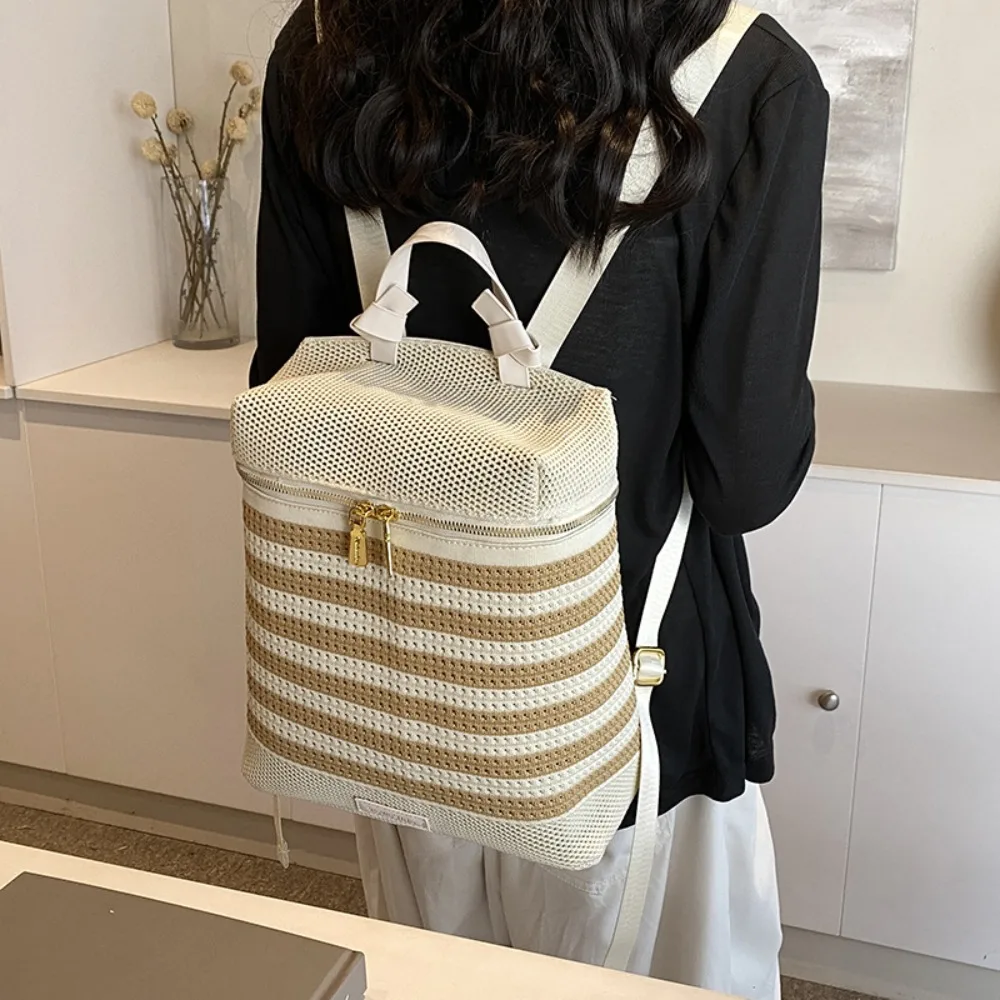 Straw Woven Shoulders Backpack Multi Pocket Large Capacity Female Messenger Bag Fashion Adjustable Strap Students Backpack
