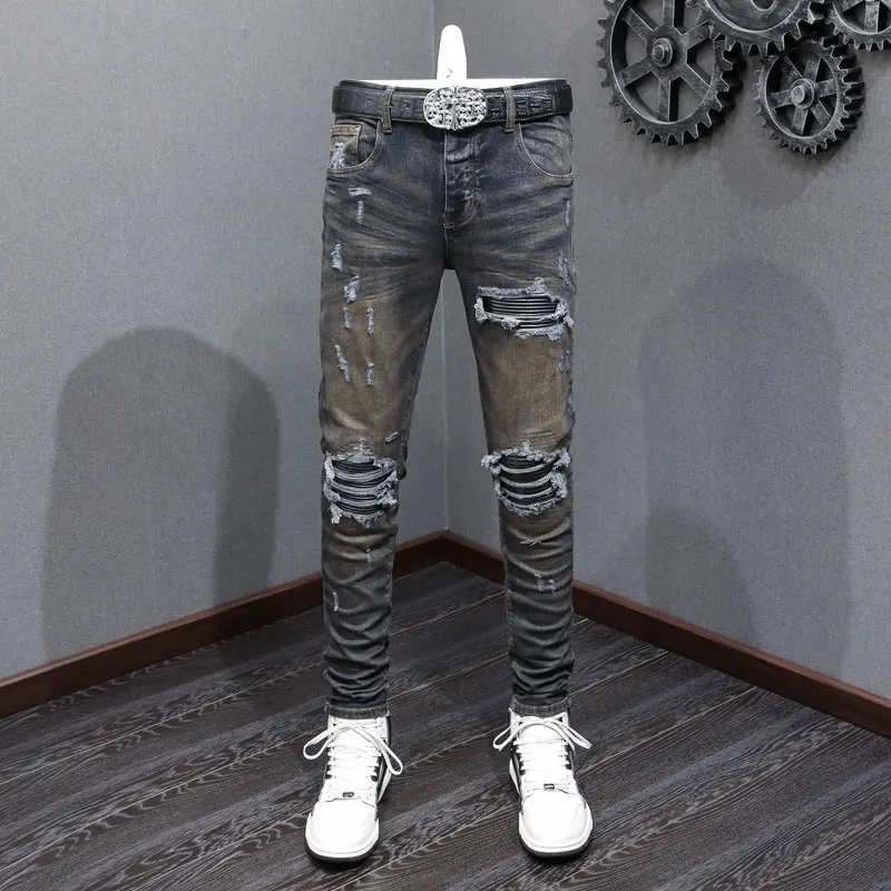 

Designer Fashion New Men's Jeans Water Washed Elastic Tight Patched Leather Jeans High Street Trendy Hip Hop Brand Black Pants H