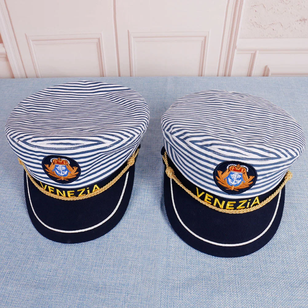 

Child Kids Yacht Captain Sailor Hat Blue Striped Captains Bonnet Mens and Navy Costume Aldult