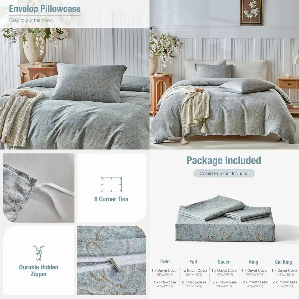 

Комплект пододеяльников King Size Cotton Paisley — 100% хлопок, двусторонний, с застежкой-молнией и угловыми завязками, дышащее постельное белье из трех предметов (104x9