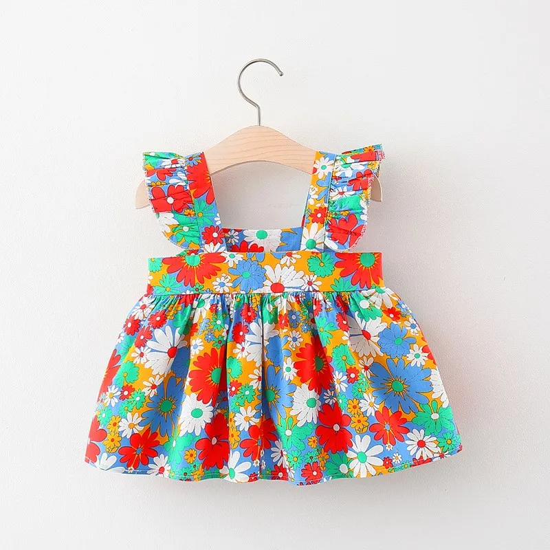 Girls\' New Summer Small Flying Sleeve Flower Print Dress Children\'s Small Square Neck Casual Princess Dress+Small Bag