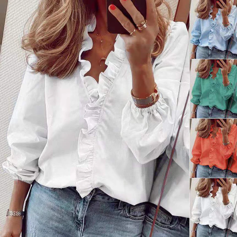 2022 Spring Elegant Ruffles Womens Tops And Blouses Casual V Neck Long Sleeve Loose Tunic White Blouses For Women