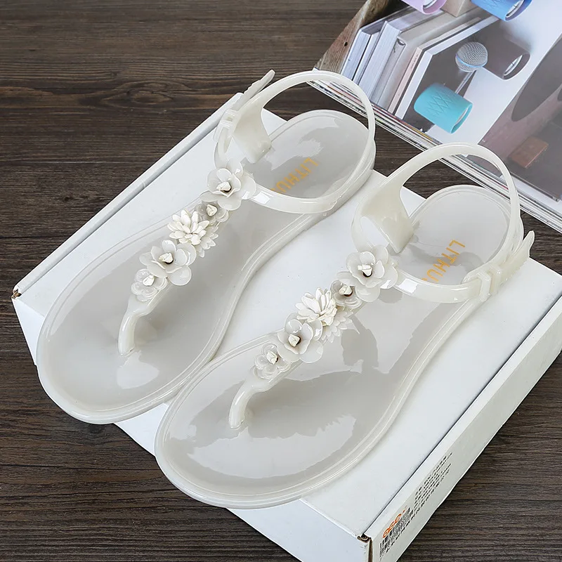 Handwork Flower Women Jelly Sandals 2022, New Clip Toe Flip Flops Shoes Female Flat Casual Beach Holiday Non-slip Slippers 2023