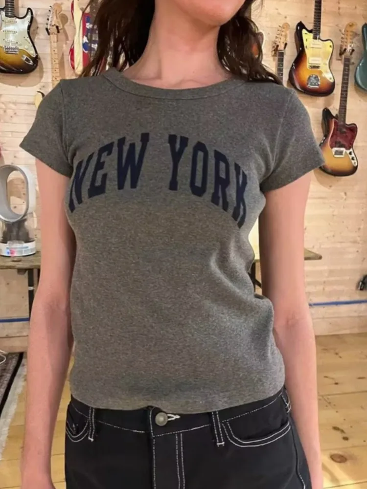 Casual Women Cotton Grey Tees 2023 Summer Fashion Ladies Casual O Neck Short Sleeves Female Letter Printed Tops