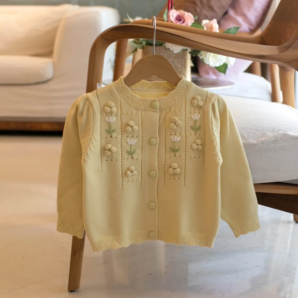 

spring kids clothes baby girl clothes Handmade crochet flower pattern sweater cardigan Girl's pure color sweet coat