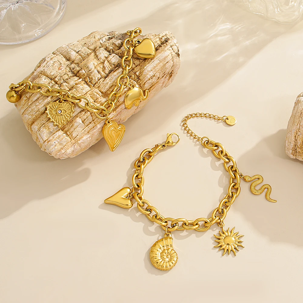 

DODOHAO Waterproof Stainless Steel Layered Charm Bracelet for Women Luxury Gold Color Sun Conch Heart Pendant Bracelet Jewelry