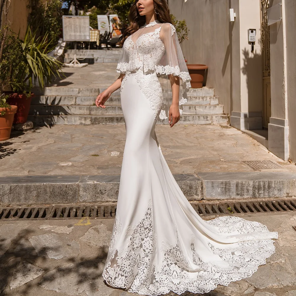 

2025 New Arrival Cape Wedding Dresses For Women Fashion Chic Lace Applique Sleeveless Floor Length Grand Bride Wedding Costume