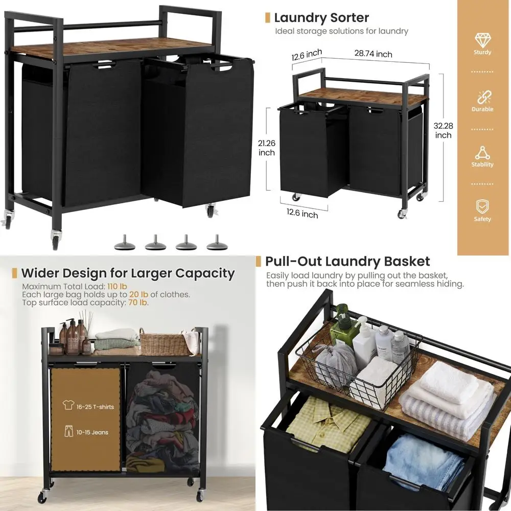 

Сортировщик белья с двойным отделением и съемными сумками, корзина для одежды на колесиках для эффективной организации белья