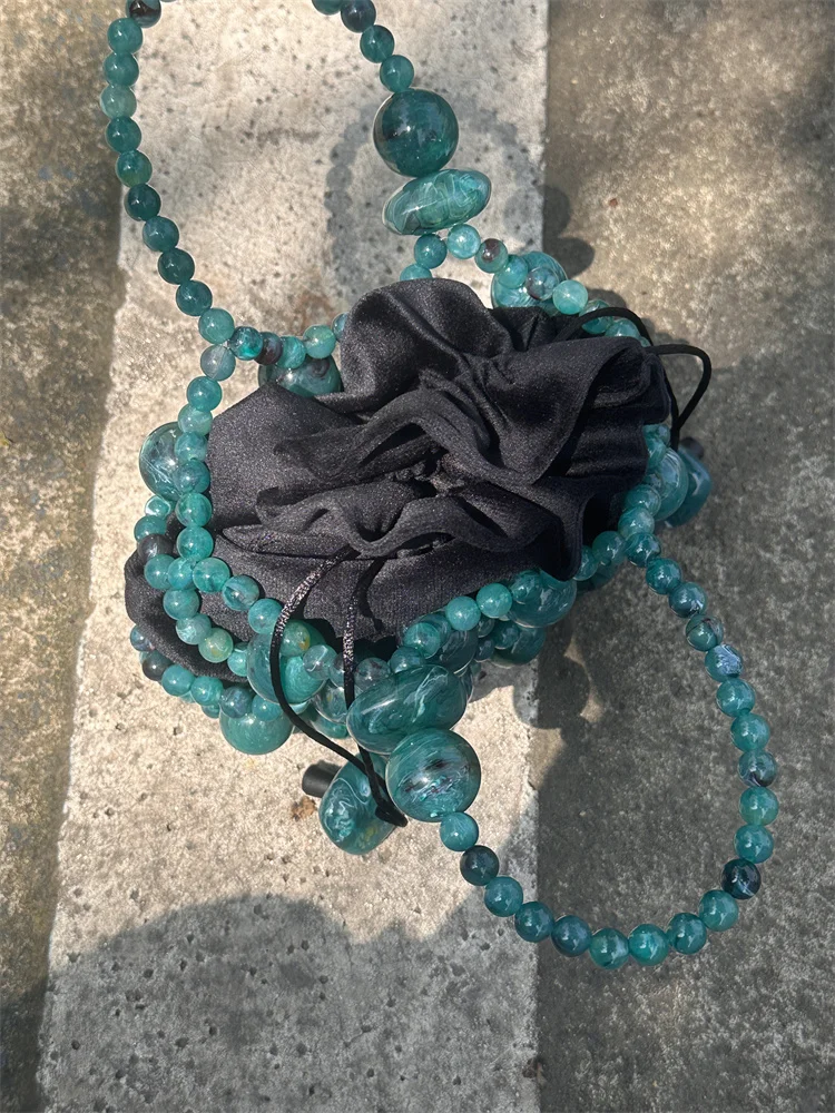 Retro Designer LuxurySea Green Mesh Bag Beaded Fashion Purse Summer Beach Women Mini Handbag