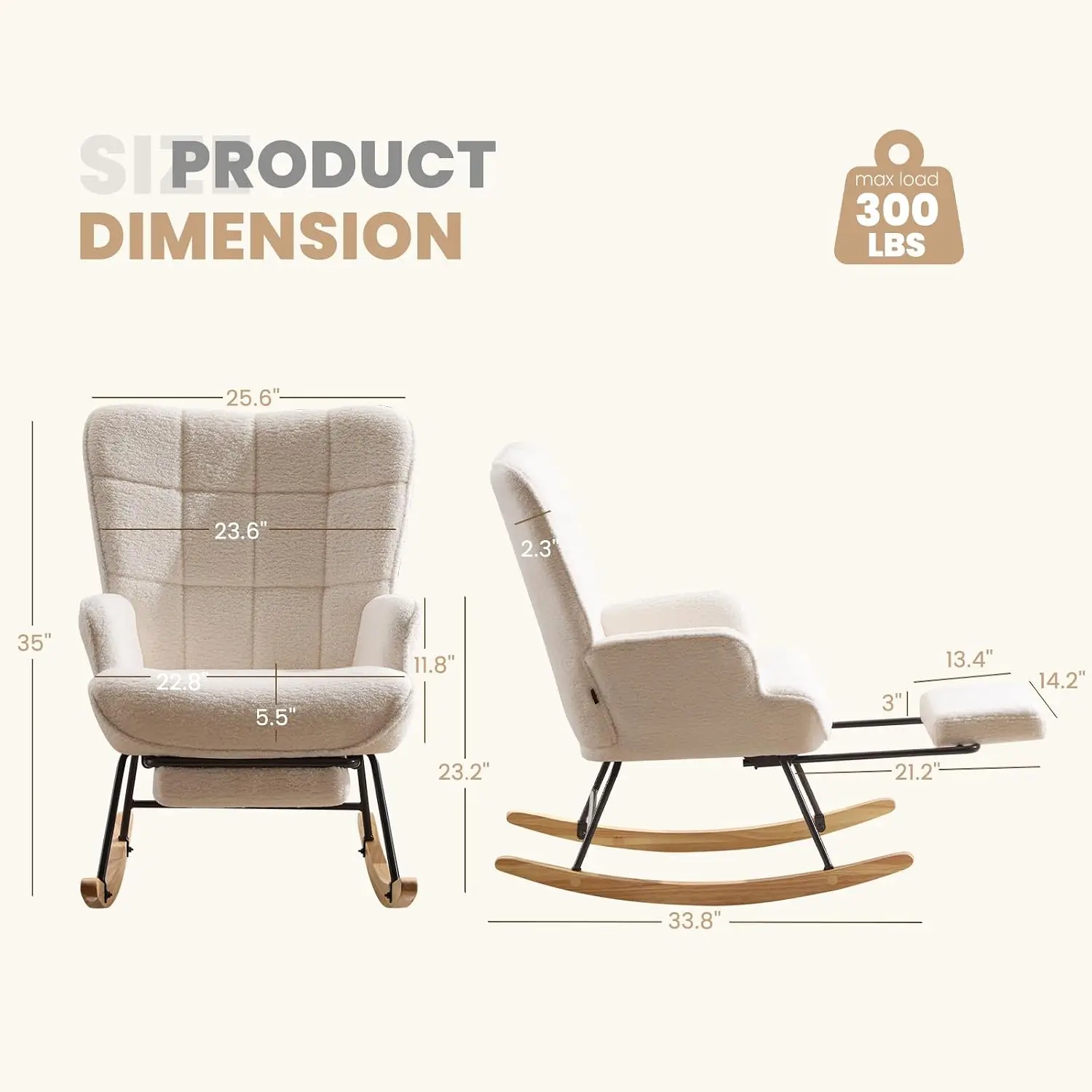 Modern Nursery Glider Armchair with Retractable Footrest & High Backrest, Solid Wood Base, Bedroom Reading, White Teddy, Customi