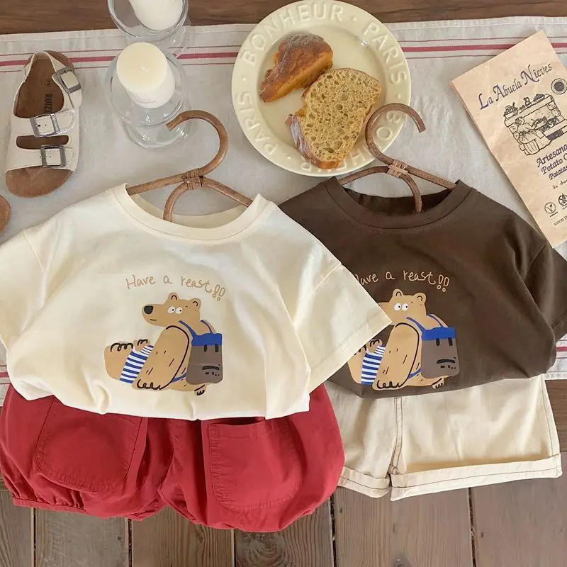 New Child Fashion Short Sleeve TShirt Pure Cotton Costume Thin Casual Loose Tees Boys Baby Print Round Neck Bottoming Shirt