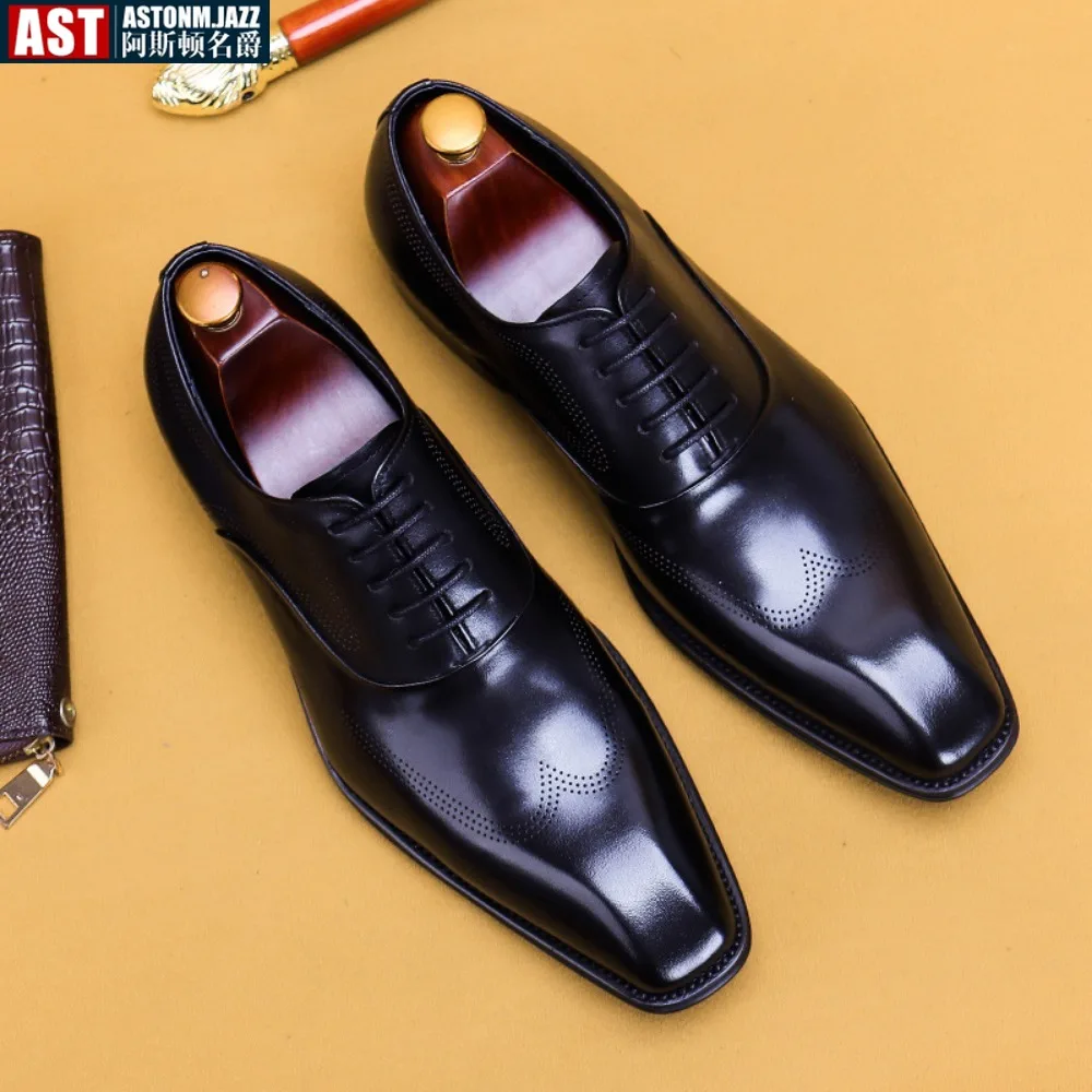 2024 New Men Dress Shoes Leather Shoes Fashion Derby Shoes Classic Casual Business Wedding Footwear Brown Italy Male Formal Shoe