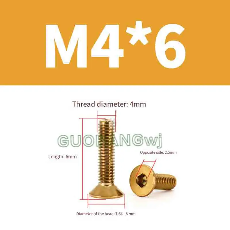 Gold Plated Titanium Steel Flat Head Hex Socket Screws for Electric Motorcycle Steering Wheel Modification Bolt M4 M5 -M8 Sizes