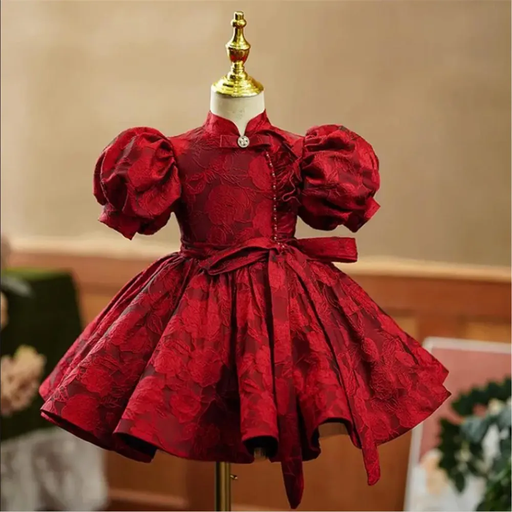 

Flower Girl Wedding Dress Princess Ball Gown Kids Bow Puff Sleeve Design Birthday Baptism Party Gown Holy First Communion Gown