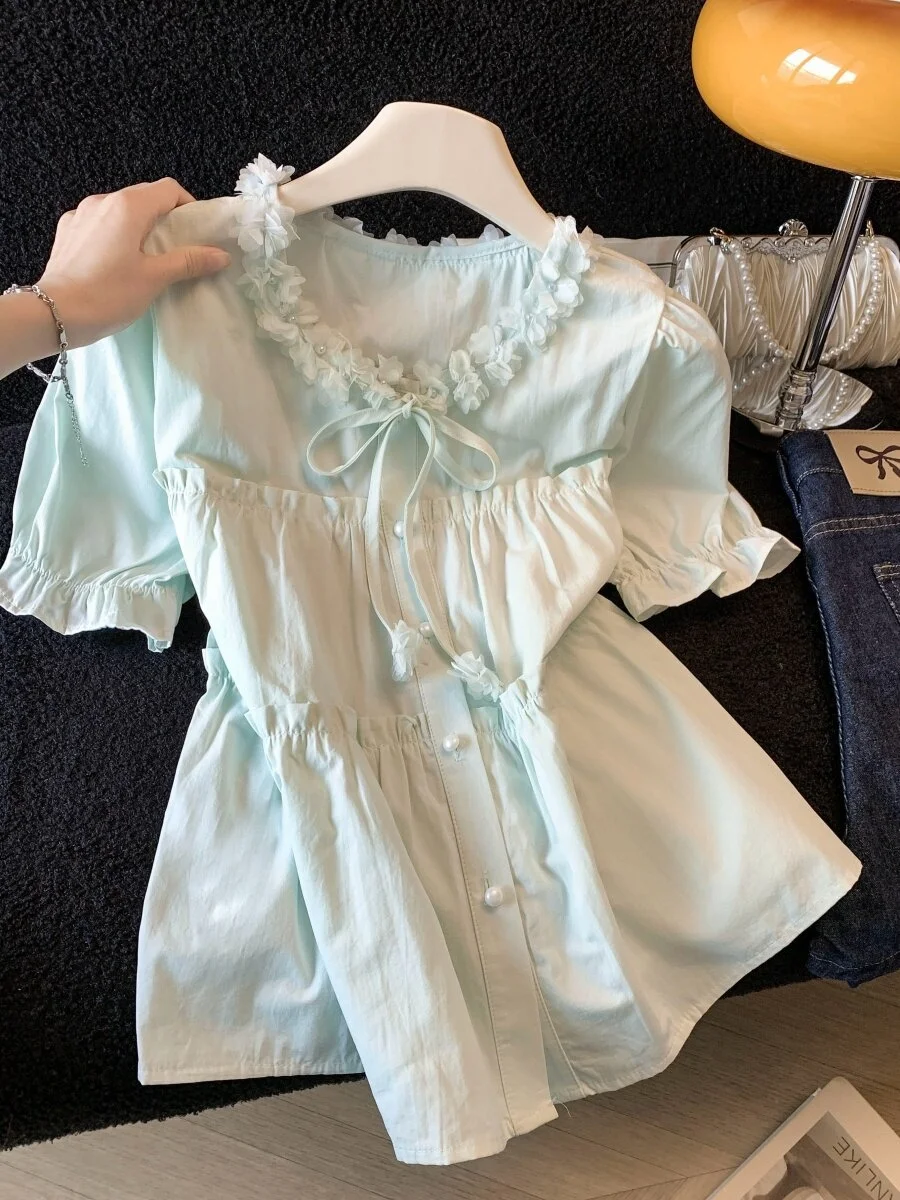 

Sweet Style Short Sleeve Shirt with Knot And Doll Collar for Women Spring Summer Floral Decoration Straight Cut Shirt